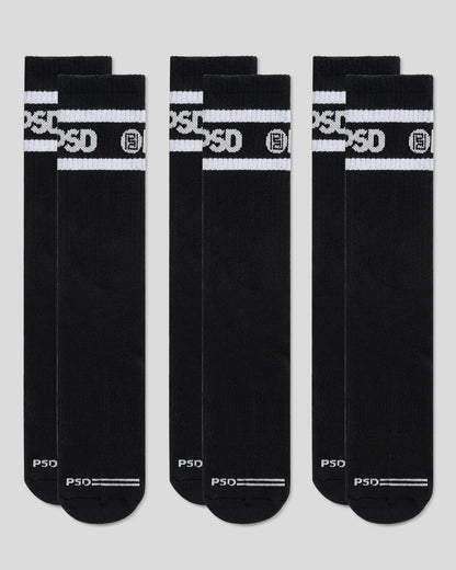 PSD Latest | 3 Pack - Logo Stripe Crew - Black - Crew Sock