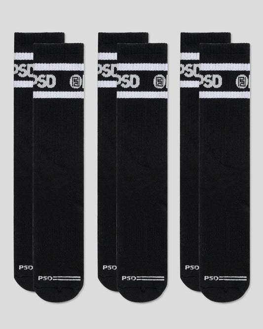 PSD Latest | 3 Pack - Logo Stripe Crew - Black - Crew Sock
