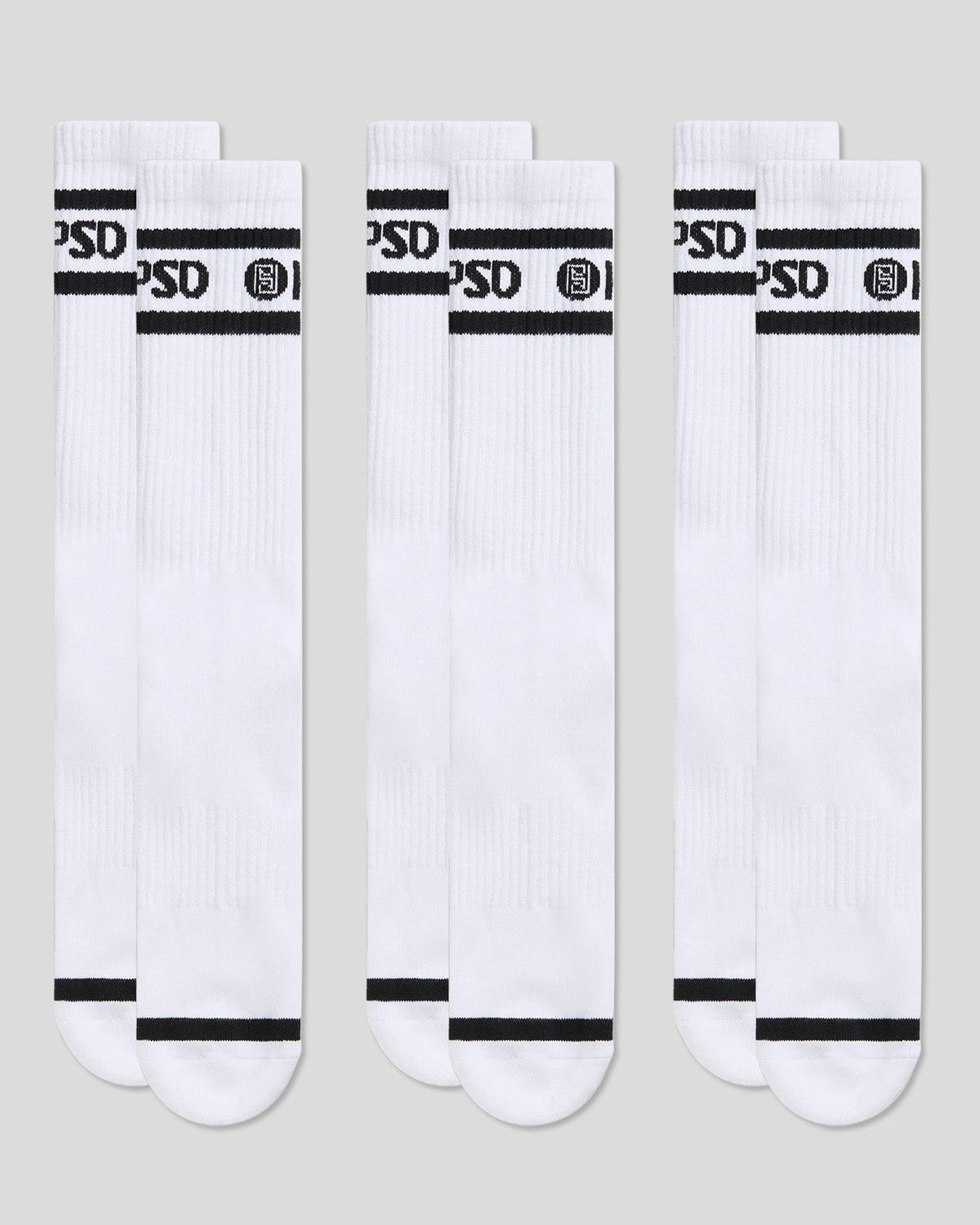 PSD Premium | 3 Pack - Logo Stripe Crew - White - Crew Sock