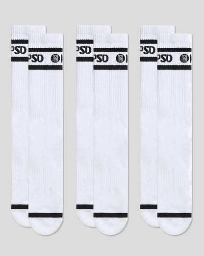 PSD Premium | 3 Pack - Logo Stripe Crew - White - Crew Sock