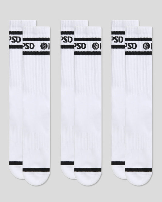 PSD Premium | 3 Pack - Logo Stripe Crew - White - Crew Sock